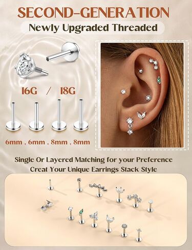 ORAZIO 16G Hypoallergenic Flat Back Earrings Stud Earrings - 316L Surgical Steel Internal Thread Stud Piercing Jewelry for Tragus/Helix/Conch/Medusa/Lip/Labret - Helix Tragus Cartilage Earrings for Women B in Kuwait
