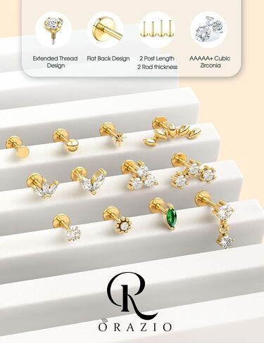 ORAZIO 16G Hypoallergenic Flat Back Earrings Stud Earrings - 316L Surgical Steel Internal Thread Stud Piercing Jewelry for Tragus/Helix/Conch/Medusa/Lip/Labret - Helix Tragus Cartilage Earrings for Women B in Kuwait