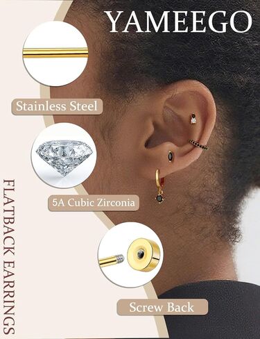 Flat Back Earrings Set for Women Small Gold Stud Hoops Cartilage Piercing Earrings for Sensitive Ears Hypoallergenic Surgical Steel Jewelry in Saudi Arabia