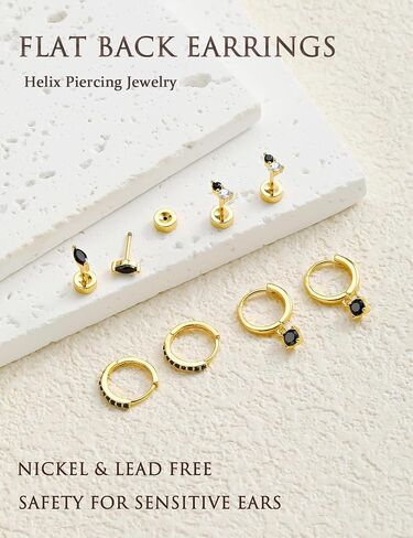 Flat Back Earrings Set for Women Small Gold Stud Hoops Cartilage Piercing Earrings for Sensitive Ears Hypoallergenic Surgical Steel Jewelry in Saudi Arabia