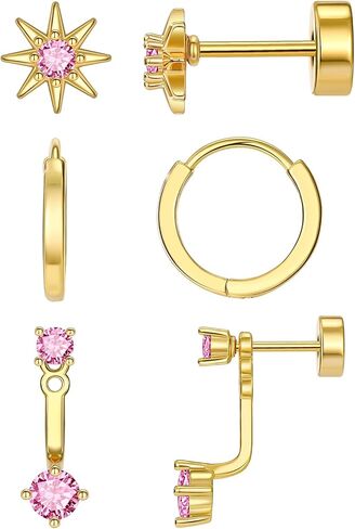 Flat Back Earrings Set for Women Small Gold Stud Hoops Cartilage Piercing Earrings for Sensitive Ears Hypoallergenic Surgical Steel Jewelry in Saudi Arabia