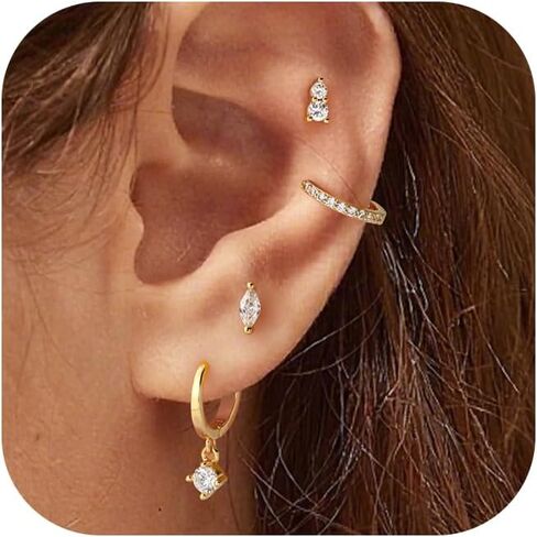 Flat Back Earrings Set for Women Small Gold Stud Hoops Cartilage Piercing Earrings for Sensitive Ears Hypoallergenic Surgical Steel Jewelry in Saudi Arabia