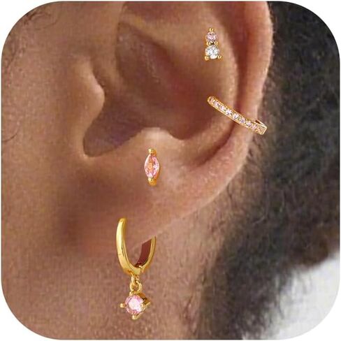 Flat Back Earrings Set for Women Small Gold Stud Hoops Cartilage Piercing Earrings for Sensitive Ears Hypoallergenic Surgical Steel Jewelry in Saudi Arabia