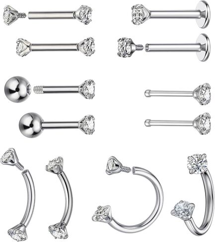 12Pcs 16G Internally Threaded Labret Studs 316L Surgical Steel CZ Flat Back Lip Rings Helix Tragus Cartilage Earrings Hypoallergenic Body Piercing Jewelry for Women Dainty Ear Lobe Conch Medusa Monroe (Multi-Pack/Set) in Kuwait