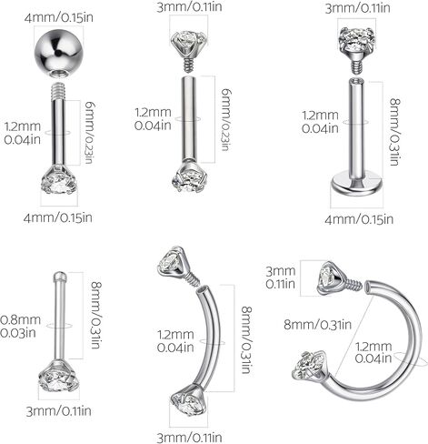 12Pcs 16G Internally Threaded Labret Studs 316L Surgical Steel CZ Flat Back Lip Rings Helix Tragus Cartilage Earrings Hypoallergenic Body Piercing Jewelry for Women Dainty Ear Lobe Conch Medusa Monroe (Multi-Pack/Set) in Kuwait