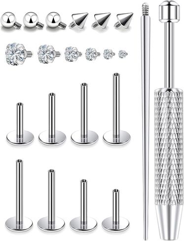 16G surgical steel Labret Studs Kit, 6/8/10/12mm Internal Thread with CZ Gems & Tool (22PCS) Monroe Lip Piercing Jewelry in Kuwait