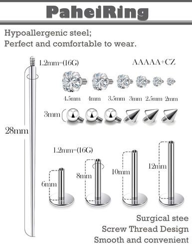 16G surgical steel Labret Studs Kit, 6/8/10/12mm Internal Thread with CZ Gems & Tool (22PCS) Monroe Lip Piercing Jewelry in Kuwait