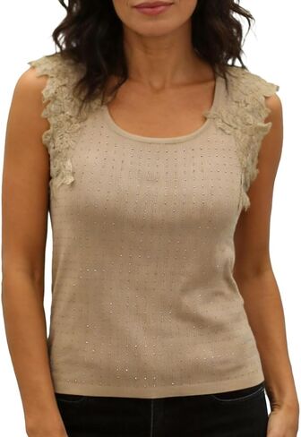 LEO'S VASE 2026 Women's Ribbed Tank Top with Rhinestones, Old Money Embellished Lace Top, Sparkly Casual Summer Top in Saudi Arabia