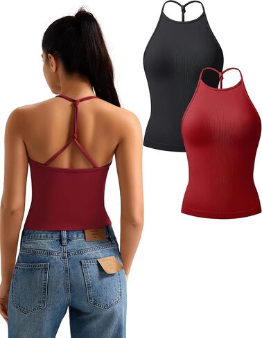 TDIFFUN Women Crop Tank Tops 2 Piece High Neck Seamless Ribbed Sleeveless Racerback Summer Going Out Basic Casual Workout Top in Saudi Arabia