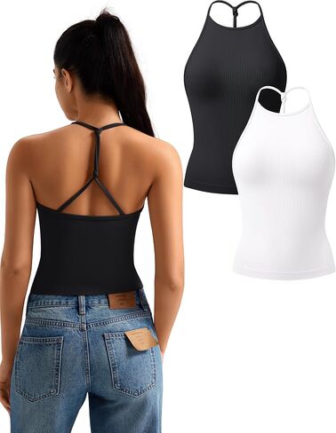 TDIFFUN Women Crop Tank Tops 2 Piece High Neck Seamless Ribbed Sleeveless Racerback Summer Going Out Basic Casual Workout Top in Kuwait