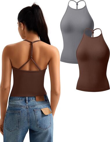 TDIFFUN Women Crop Tank Tops 2 Piece High Neck Seamless Ribbed Sleeveless Racerback Summer Going Out Basic Casual Workout Top in Kuwait