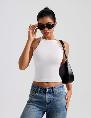 TDIFFUN Women Crop Tank Tops 2 Piece High Neck Seamless Ribbed Sleeveless Racerback Summer Going Out Basic Casual Workout Top in Kuwait