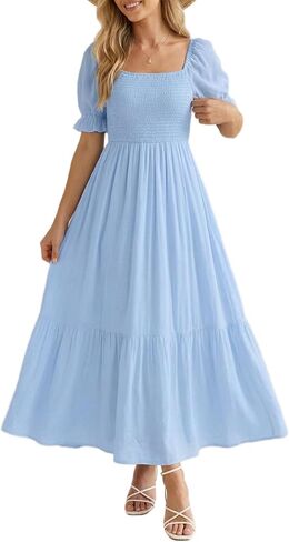 Holipick Women's Casual Dress Square Neck Smocked Shirred Puff Sleeve Cute Long Flowy Maxi A Line Boho Dresses in Kuwait