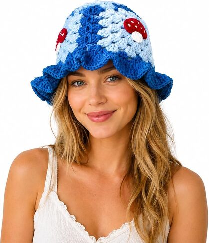 Mushroom Hat for Women Knit Bucket Hats with Mushroom Applique Handmade Crochet Hats for Halloween in Kuwait