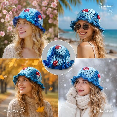 Mushroom Hat for Women Knit Bucket Hats with Mushroom Applique Handmade Crochet Hats for Halloween in Kuwait