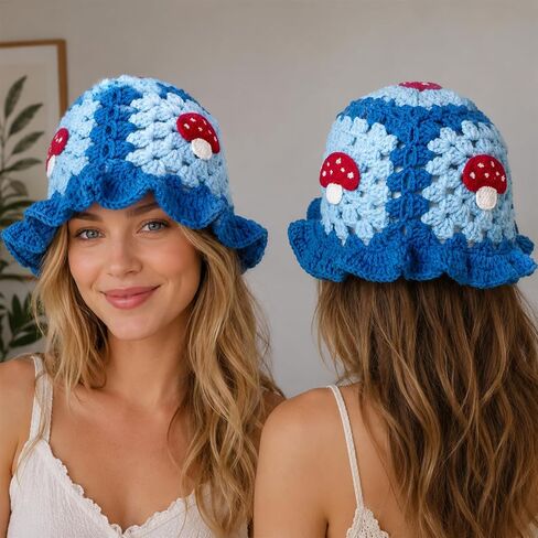 Mushroom Hat for Women Knit Bucket Hats with Mushroom Applique Handmade Crochet Hats for Halloween in Saudi Arabia