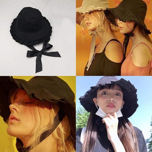 Women Sweet Wide Brim Bucket Hat with Long Ribbon Chin Strap Japanese Bowknot Sunscreen Fisherman Cap in Kuwait