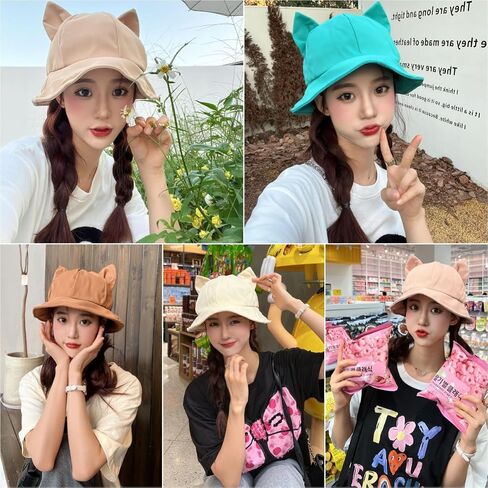 Cute Cat Ears Bucket Hat for Women Girls Fisherman Cap Outdoor Folding Sun Hat in Saudi Arabia