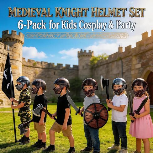 6 Pack Knight Helmets with Flip Up Mask Visor for Medieval Crusader Warrior Armor Prop Halloween LARP Costume for For Children aged 3-5 in Saudi Arabia