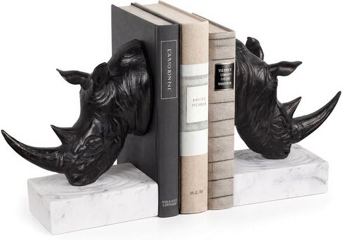 Rhino Head Bookends, Sculptural Rhinoceros Book Ends for Shelves Office Desk, Heavy Decorative Animal Bookends, Home Office Library Decor (Black) in Saudi Arabia