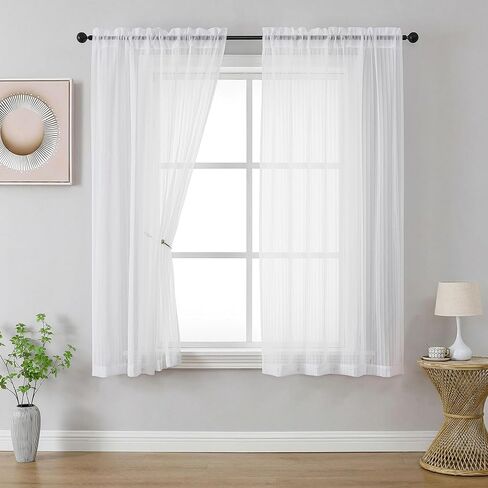 OWENIE White Striped Sheer Curtains - 63 Inch Length 2 Panels Set for Living Room Bedroom Bathroom, Light Filtering Semi Sheers, Modern Airy Rod Pocket Drapes, 2 Pcs Each 42" Wx63 L in Kuwait