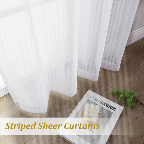 OWENIE White Striped Sheer Curtains - 63 Inch Length 2 Panels Set for Living Room Bedroom Bathroom, Light Filtering Semi Sheers, Modern Airy Rod Pocket Drapes, 2 Pcs Each 42" Wx63 L in Kuwait