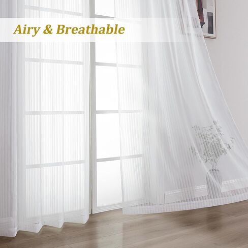 OWENIE White Striped Sheer Curtains - 63 Inch Length 2 Panels Set for Living Room Bedroom Bathroom, Light Filtering Semi Sheers, Modern Airy Rod Pocket Drapes, 2 Pcs Each 42" Wx63 L in Kuwait