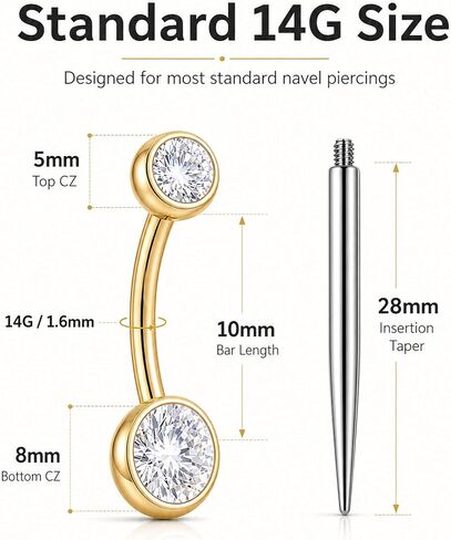 G23 Titanium Belly Button Ring 14G Internally Threaded Navel Piercing Jewelry 18K Gold Plated Cubic Zirconia Navel Bar for Women Men in Kuwait