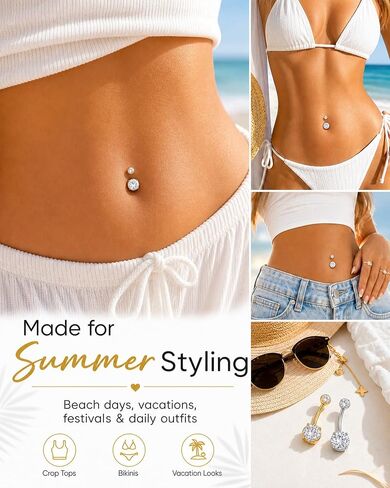 G23 Titanium Belly Button Ring 14G Internally Threaded Navel Piercing Jewelry 18K Gold Plated Cubic Zirconia Navel Bar for Women Men in Kuwait