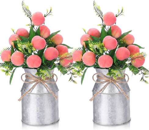 Hotop 2 مجموعات فروع الخوخ الاصطناعي مع المزهريات زهرة 16.14 '' واقعية باقة فواكه الخوخ الاصطناعية مع أوراق خضراء الفاكهة زهرة ترتيب للمنزل الطفل دش حزب مزرعة الجدول ديكور in Kuwait