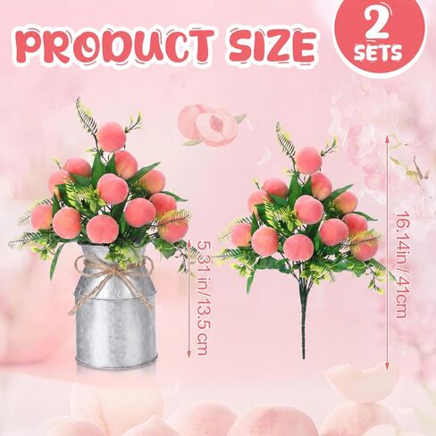 Hotop 2 مجموعات فروع الخوخ الاصطناعي مع المزهريات زهرة 16.14 '' واقعية باقة فواكه الخوخ الاصطناعية مع أوراق خضراء الفاكهة زهرة ترتيب للمنزل الطفل دش حزب مزرعة الجدول ديكور in Kuwait