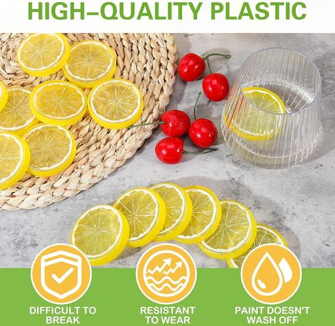 20 Pcs 2 Inch Fake Lemons, Yellow Simulation Lemon Slices, Plastic Artificial Fruit Model, Decorative Fake Fruit, Lemon Ornaments for Home Kitchen Dining Table Decor in Kuwait