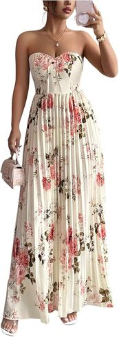 OYOANGLE Women's Summer Floral Wedding Guest Dress Jacquard Tube Sleeveless Pleated A Line Cocktail Party Prom Dress in Saudi Arabia