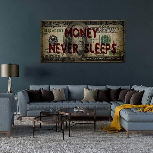 Canvas Money Wall Art Money Never Sleeps Inspirational Dollar Artwork Poster Canvas Painting Framed Ready to Hang-48x24 inches in Saudi Arabia
