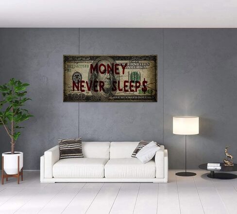 Canvas Money Wall Art Money Never Sleeps Inspirational Dollar Artwork Poster Canvas Painting Framed Ready to Hang-48x24 inches in Saudi Arabia
