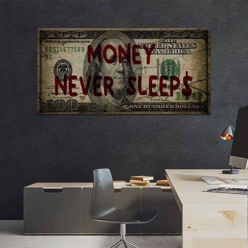Canvas Money Wall Art Money Never Sleeps Inspirational Dollar Artwork Poster Canvas Painting Framed Ready to Hang-48x24 inches in Saudi Arabia