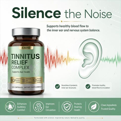 Tinnitus Relief for Ringing Ears, 120 Capsules, Ear Ringing Support Supplement with Vitamin C and B Complex, Helps Reduce Ear Noise and Buzzing, for Inner Ear Balance and Auditory Clarity, 60 Day in Saudi Arabia
