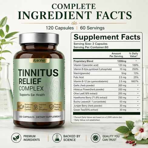 Tinnitus Relief for Ringing Ears, 120 Capsules, Ear Ringing Support Supplement with Vitamin C and B Complex, Helps Reduce Ear Noise and Buzzing, for Inner Ear Balance and Auditory Clarity, 60 Day in Saudi Arabia