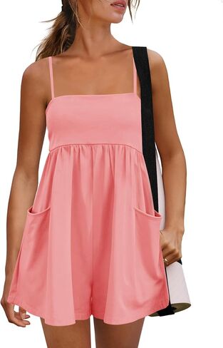 Panadila Womens Summer Rompers Beach Vacation Clothes Spaghetti Strap Short Jumpsuits Square Neck Dress with Pockets in Saudi Arabia