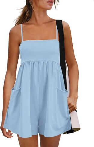 Panadila Womens Summer Rompers Beach Vacation Clothes Spaghetti Strap Short Jumpsuits Square Neck Dress with Pockets in Saudi Arabia