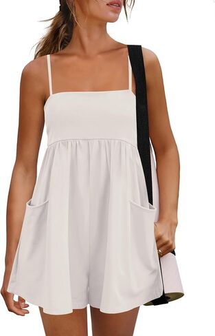 Panadila Womens Summer Rompers Beach Vacation Clothes Spaghetti Strap Short Jumpsuits Square Neck Dress with Pockets in Saudi Arabia