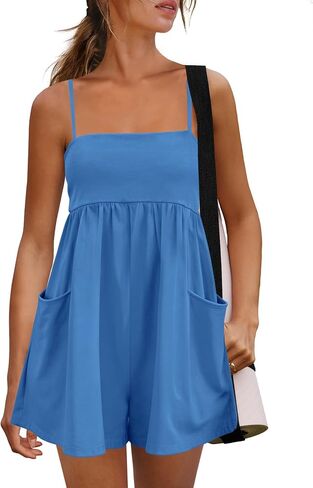Panadila Womens Summer Rompers Beach Vacation Clothes Spaghetti Strap Short Jumpsuits Square Neck Dress with Pockets in Saudi Arabia