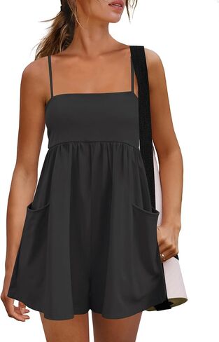 Panadila Womens Summer Rompers Beach Vacation Clothes Spaghetti Strap Short Jumpsuits Square Neck Dress with Pockets in Saudi Arabia