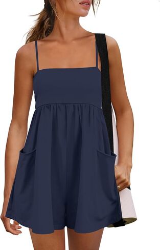 Panadila Womens Summer Rompers Beach Vacation Clothes Spaghetti Strap Short Jumpsuits Square Neck Dress with Pockets in Saudi Arabia