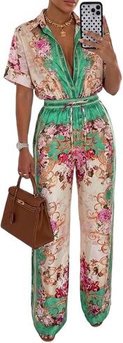 CHICME Boho Jumpsuit for Women Floral Short Sleeve Wide Leg Romper with Pockets One Piece Vacation Outfits in Kuwait
