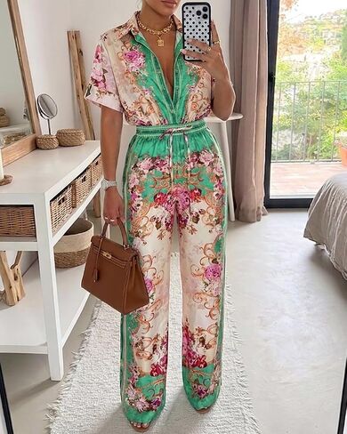 CHICME Boho Jumpsuit for Women Floral Short Sleeve Wide Leg Romper with Pockets One Piece Vacation Outfits in Kuwait