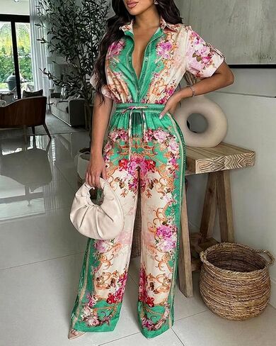 CHICME Boho Jumpsuit for Women Floral Short Sleeve Wide Leg Romper with Pockets One Piece Vacation Outfits in Kuwait