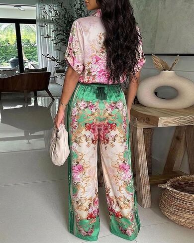CHICME Boho Jumpsuit for Women Floral Short Sleeve Wide Leg Romper with Pockets One Piece Vacation Outfits in Kuwait