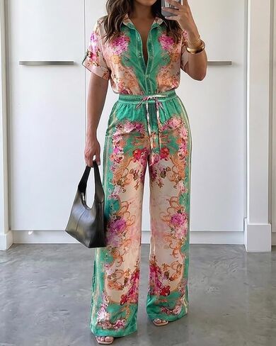 CHICME Boho Jumpsuit for Women Floral Short Sleeve Wide Leg Romper with Pockets One Piece Vacation Outfits in Kuwait