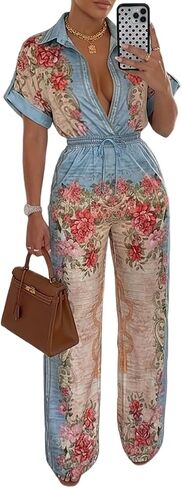 CHICME Boho Jumpsuit for Women Floral Short Sleeve Wide Leg Romper with Pockets One Piece Vacation Outfits in Kuwait